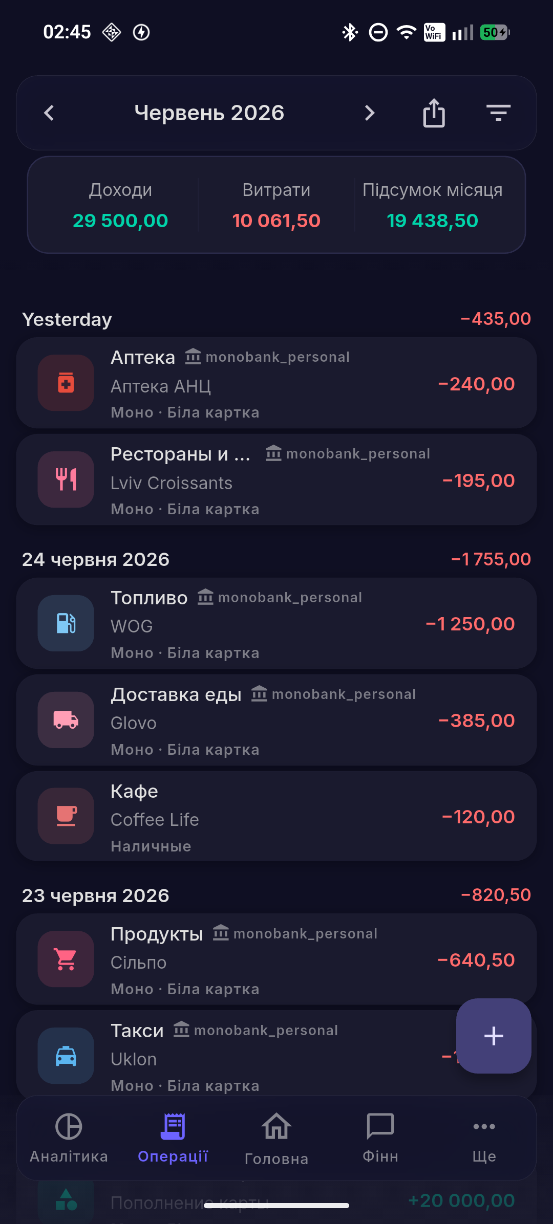 Рахунки з банку — факти операції
